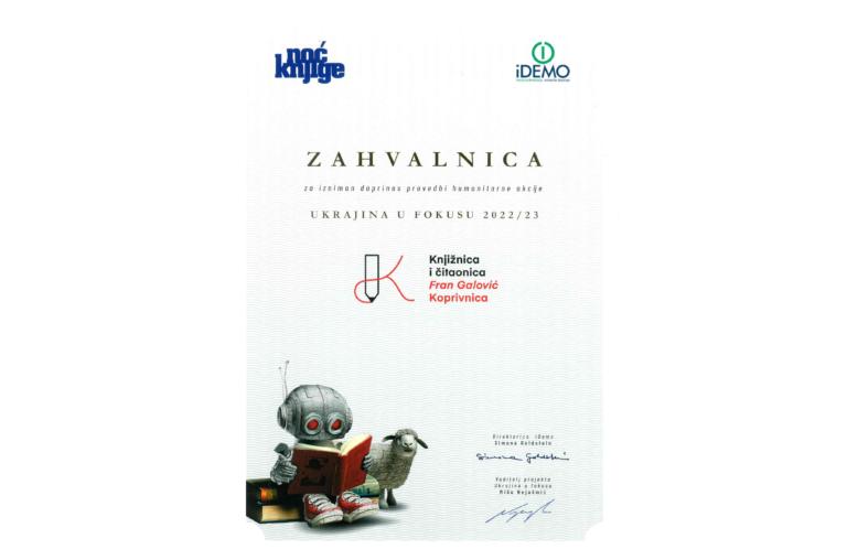 Zahvalnica za doprinos u provedbi humanitarne akcije “Ukrajina u fokusu 2022/23”