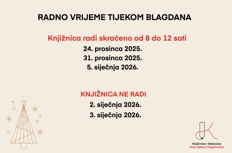Radno vrijeme Knjižnice i čitaonice “Fran Galović” Koprivnica tijekom blagdana